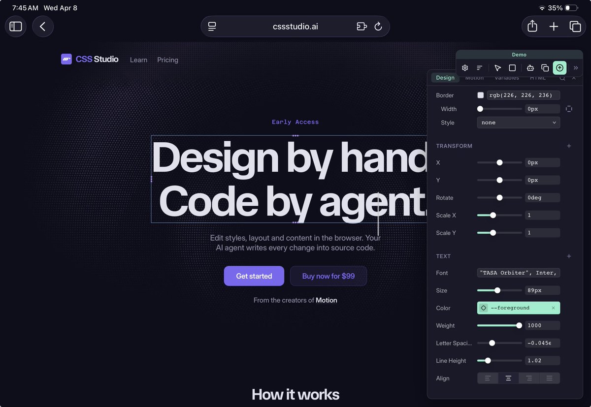 abduzeedo's tweet image. CSS Studio: Design Visually, Ship Code with AI

CSS Studio is a browser-based CSS design tool that lets designers edit styles, layout, and content visually while an AI agent writes every change directly into source code.

abduzeedo.com/css-studio-des…

#ux #css