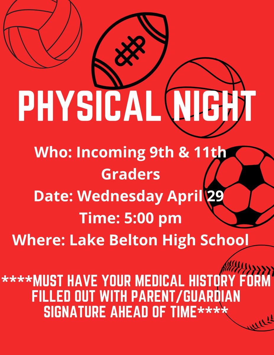 LBHSAT's tweet photo. Reminder: Athletes are required to have a new physical EVERY year!! @BeltonISDAth @lakebelton_boys @GirlsNb https://t.co/7wplfukspT
