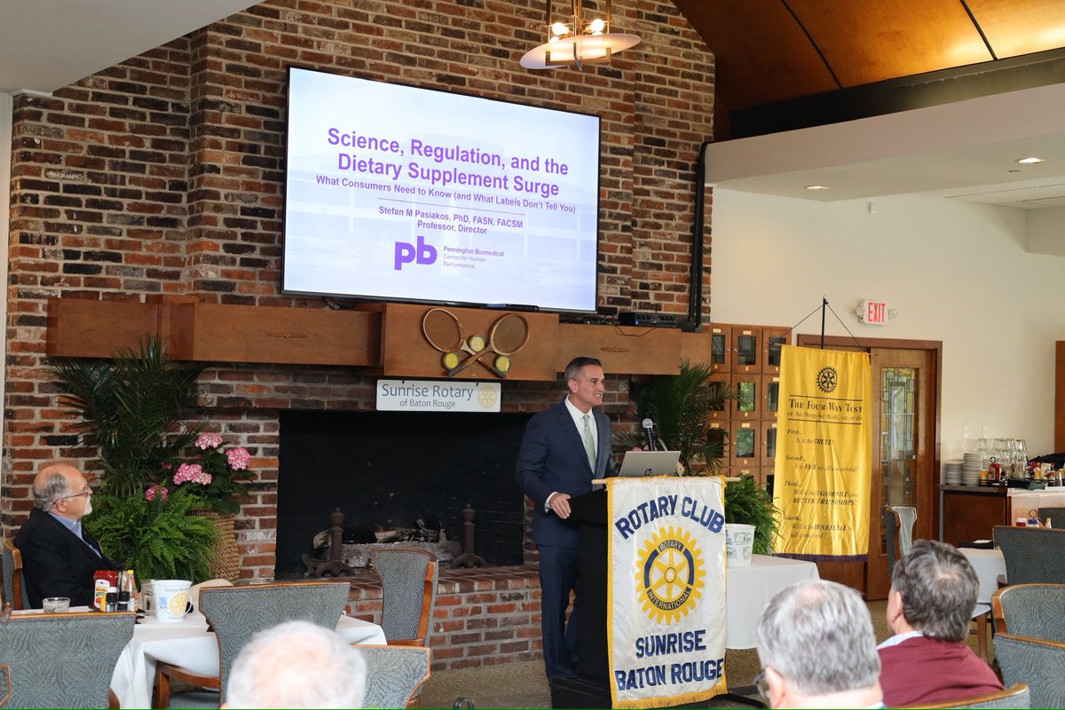 PBRCNews's tweet photo. Dr. Stefan Pasiakos, Director of the Center for Human Performance at Pennington Biomedical, presented “Science, Regulation, and the Dietary Supplement Surge: What Consumers Need to Know (and What Labels Don’t Tell You)” this morning at Sunrise Rotary of Baton Rouge. #PBRC #LSUresearch #PBRCresearch