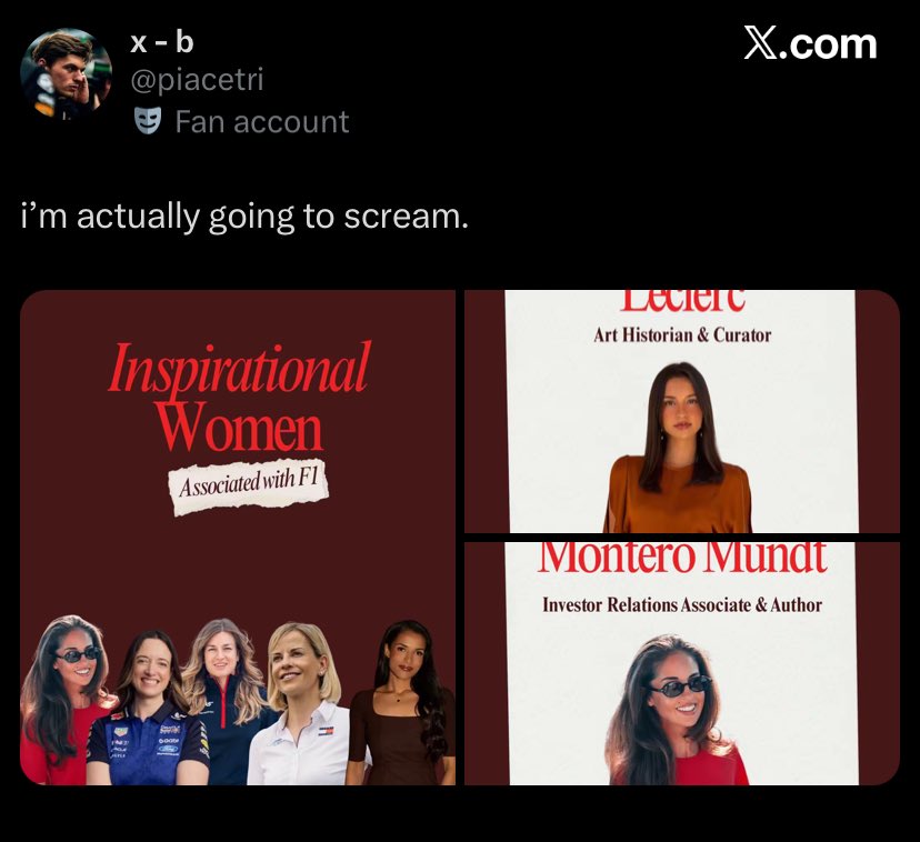 princeofferrari's tweet photo. tweets like this are so weird because what was the point? so you can provide a space for misogyny towards these women? since i highly doubt f1 fans with common sense actually see wags as "women in motorsports" https://t.co/NAi44kixfk