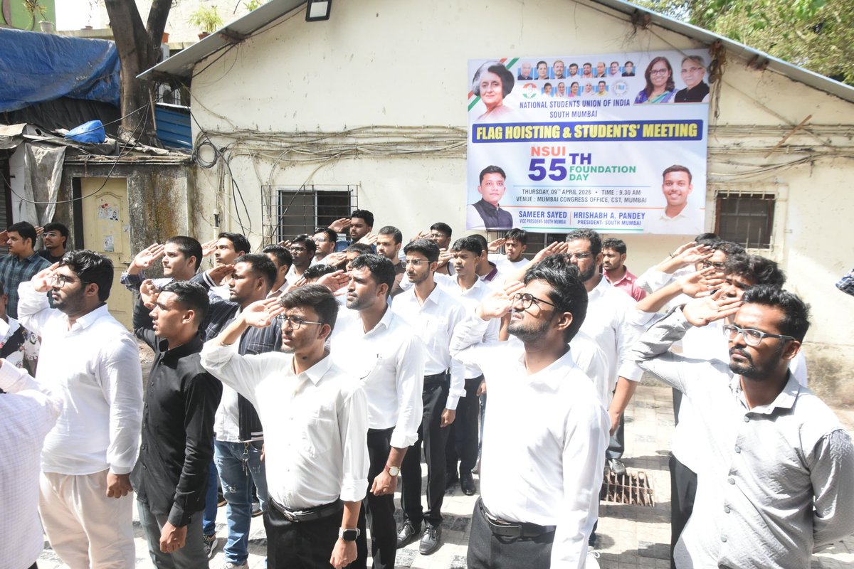 HRISHABHINC's tweet photo. On the occasion of NSUI Foundation Day, 
NSUI South Mumbai President conducted a Flag Hoisting Ceremony and Students’ Meeting were successfully held, where discussions took place on organizational activities, student participation, outreach, and strengthening NSUI among the youth https://t.co/Bx1RK5EAwT