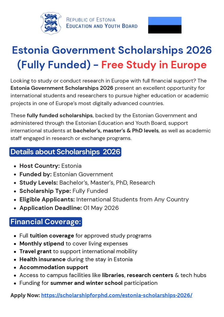 ScholarshipfPhd's tweet image. Fully Funded Estonia Scholarships 2026 🇪🇪 | Bachelors, Masters &amp;amp; PhD – Apply now! 

Details: scholarshipforphd.com/estonia-schola…

Fully funded: tuition, stipend, travel &amp;amp; more covered!

Explore top European universities and build your global future.

Deadline: 01 May 2026

#Scholarships