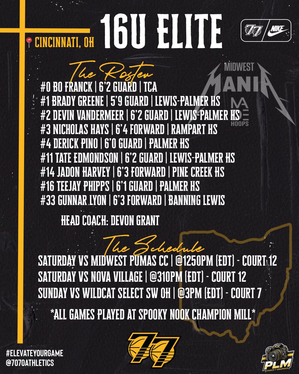 7070Athletics's tweet photo. Our 16U Elite Roster &amp; Schedule for this Weekend at the @madehoops Midwest Mania in Cincinnati, OH

📺 BallerTV
📊 Updates Available on IG Story &amp; X

#ElevateYourGame | #WeComin | #The7070Difference https://t.co/SHpBwAFKOY