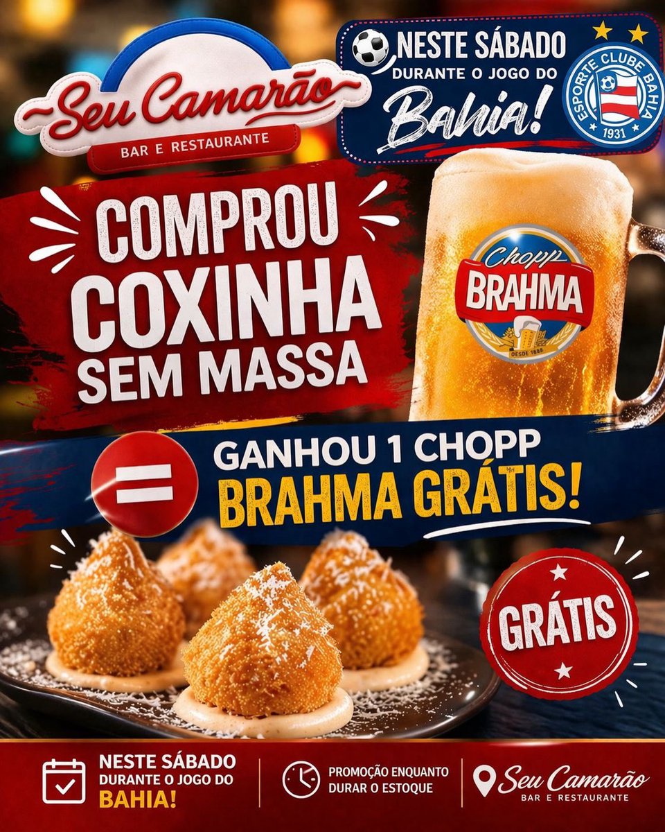 🔥 Sábado tem mais novidade na EBI!

Além da promoção que já está confirmada em todos os jogos (compre 3 chopps e leve 1 🍻) agora vai começar o rodízio de promoções de petiscos!

👉 E pra abrir com tudo, neste sábado:
Coxinha sem massa: comprou a porção, ganha 1 chopp Brahma!!!