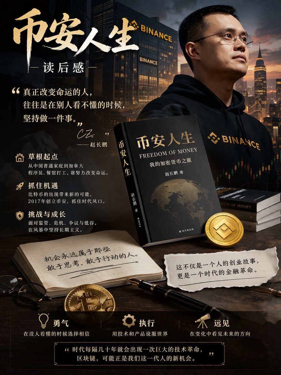 Peng9336's tweet photo. 最近读完了币安人生，这本书是由赵长鹏亲自写的自传。整本书不仅讲述了他个人的成长经历，也从侧面记录了加密行业的发展轨迹。读完之后，我最大的感受是：一个人的成功往往不是偶然，而是由眼界、勇气以及坚持共同决定的。 https://t.co/GwBtzMQnjl