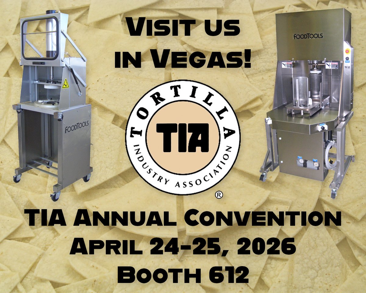 FoodTools_Inc's tweet photo. Visit us in Vegas! In 2 weeks we'll be exhibiting at the Tortilla Industry Association Annual Conference. Meet with our team in Booth 612! #TortillaEquipment #FoodTools https://t.co/WUIbUS7Q5c