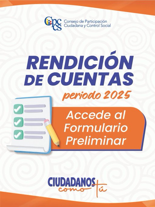 Azuay_Cpccs's tweet photo. 📌 Ponemos a disposición el formulario preliminar de #RendiciónDeCuentas2025, en el marco del fortalecimiento del control social.  

Ingresa 📷https://t.co/yYjbYILFYJ 

#CiudadanosComoTú

@AndresFantoniB @CpccsEc https://t.co/kifSCY2luu