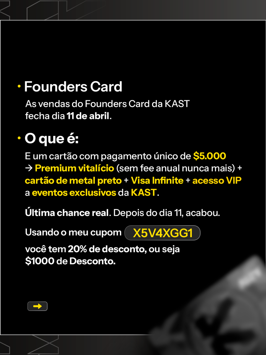 criptonagringa's tweet photo. Última chance 🚨
A Founders Card da KAST está acabando. 
@kastxyz  @raiauad

✔️ Premium vitalício
✔️ Cartão metal Visa Infinite
✔️ Acesso VIP + benefícios exclusivos

Use o cupom X5V4XGG1 e garanta 20% OFF.
Depois do dia 11, acabou. ⏳ https://t.co/p2C6dmtWSO