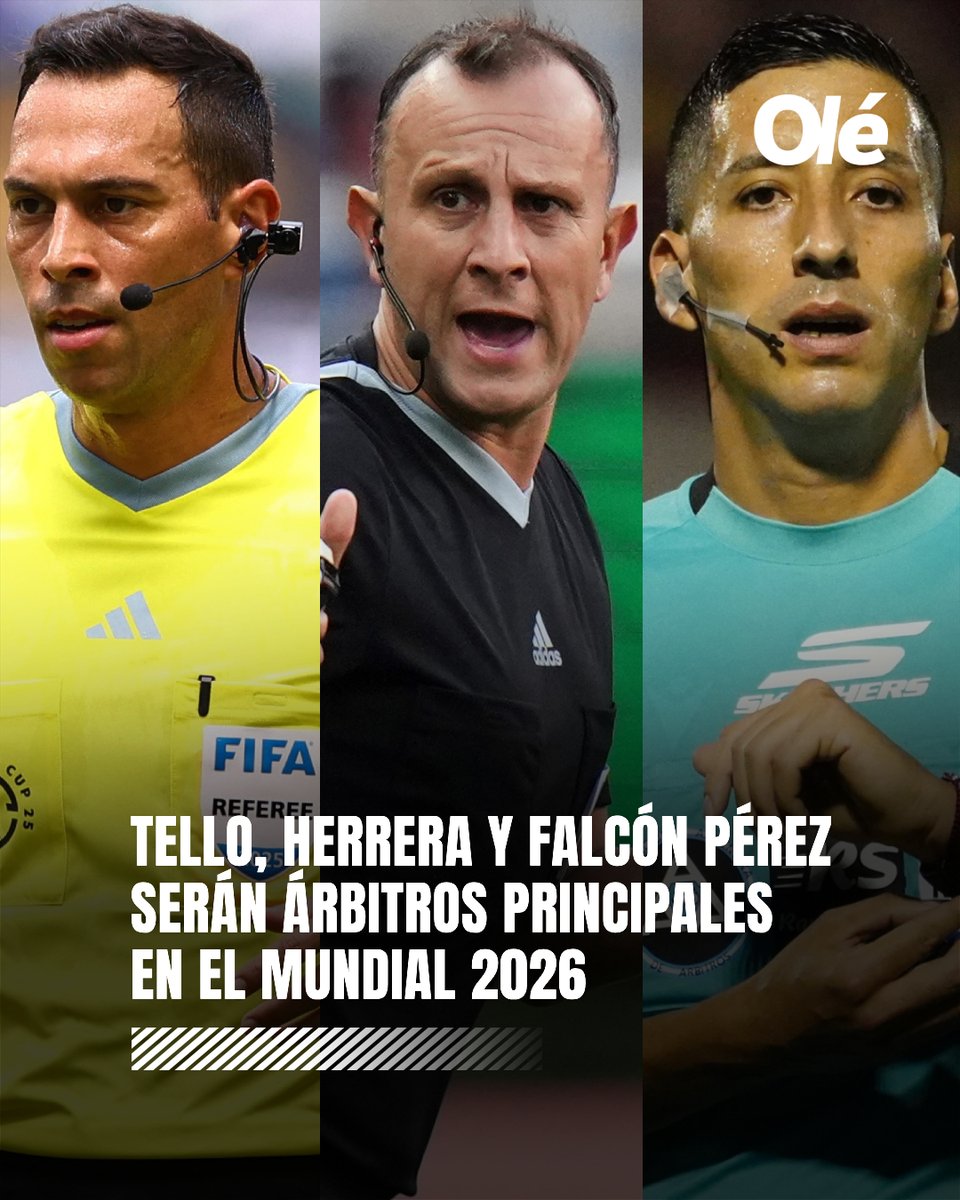🚨🇦🇷 OFICIAL: LOS ÁRBITROS ARGENTINOS QUE IRÁN AL MUNDIAL 2026

Facundo Tello, Darío Herrera y Yael Falcón Pérez oficiarán como jueces principales en la máxima cita del fútbol. 

Asimismo, Juan Pablo Belatti, Maximiliano del Yesso, Gabriel Chade, Facundo Rodríguez y Cristian