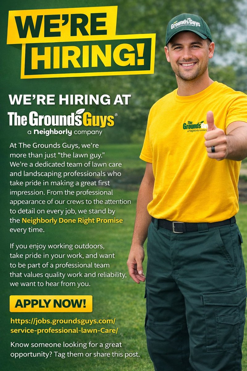 CClakeGGs's tweet photo. We’re hiring at The Grounds Guys 🌱 At The Grounds Guys, we’re more than just “the lawn guy.”
We’re a dedicated team of lawn care and landscaping professionals who take pride in making a great first impression.
From the professional... here:
https://t.co/t6p4ck22BM
Know https://t.co/WyW4z8IbMQ
