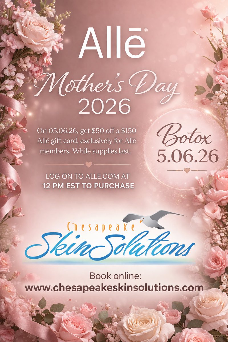 CSSMedSpa's tweet photo. It’s back! Get $50 off a $150 gift card 5/6/26 at 12 PM EST on https://t.co/ZZBBd1NGFX. Redeem for Botox with our award winning team at Chesapeake Skin Solutions. Book your appointment online: https://t.co/tLtLE8FVXv. #alle #botox #chesapeakeskinsolutions #medspa #harfordcounty https://t.co/rqPrtDhnon