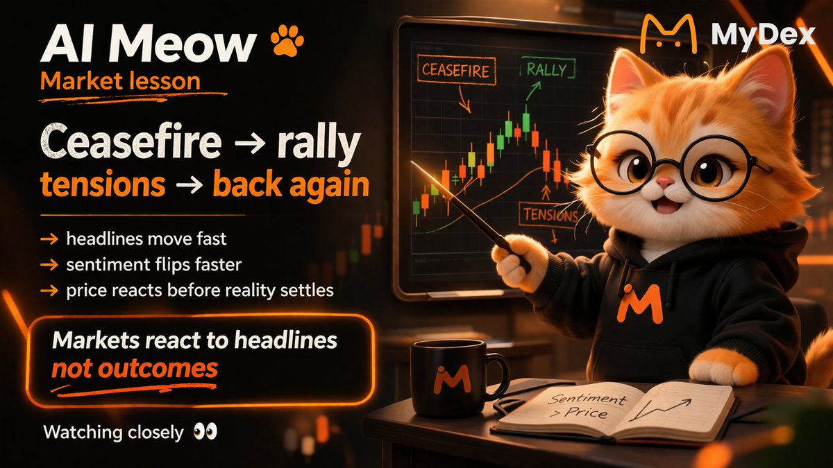 Mydex_AI's tweet photo. Ceasefire → rally  
tensions → back again 🐾

Markets reacted fast,  
but the situation didn’t really stabilize.

→ sentiment flipped quickly  
→ positioning moved even faster  
→ reality is still uncertain  

That’s the key:

markets react to headlines,  
not just outcomes.

And headlines change fast.

Watching closely 👀