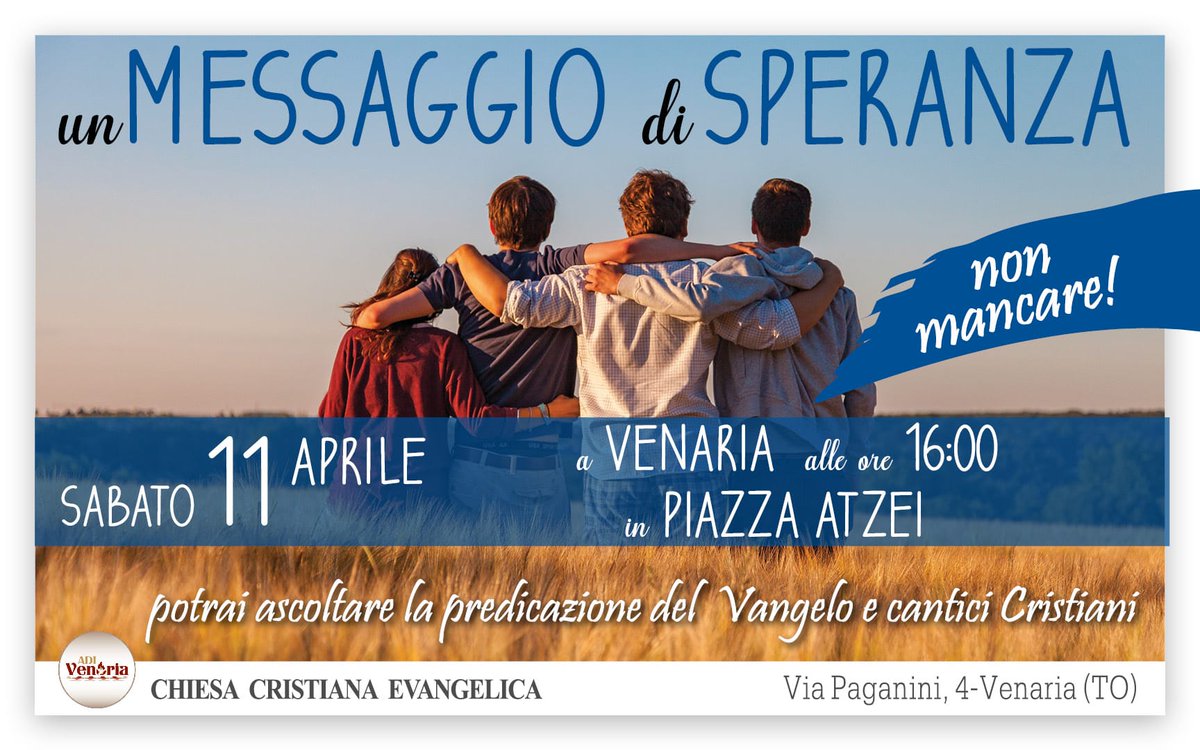 AdiVenaria's tweet photo. Sabato 11 aprile ti invitiamo ad un incontro speciale all'aperto organizzato dalla nostra chiesa evangelica di Venaria.
 È l'occasione perfetta per scoprire quanto Dio sia vicino a ognuno di noi.Vieni anche tu ad ascoltare un messaggio di speranza per la tua vita.
Dio ci benedica https://t.co/VRLeYa9TDe