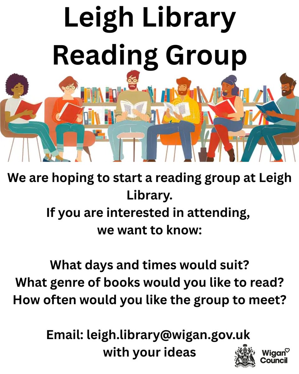 WiganLibraries's tweet photo. 📚💬 Help shape a new Reading Group at Leigh Library!

We’re looking to start a friendly reading group and would love to hear from local readers 🧡

Tell us: 
Best meeting times
Books you love
How often we should meet

📧 Email your ideas to leigh.library@wigan.gov.uk https://t.co/HZzjM3Uwao