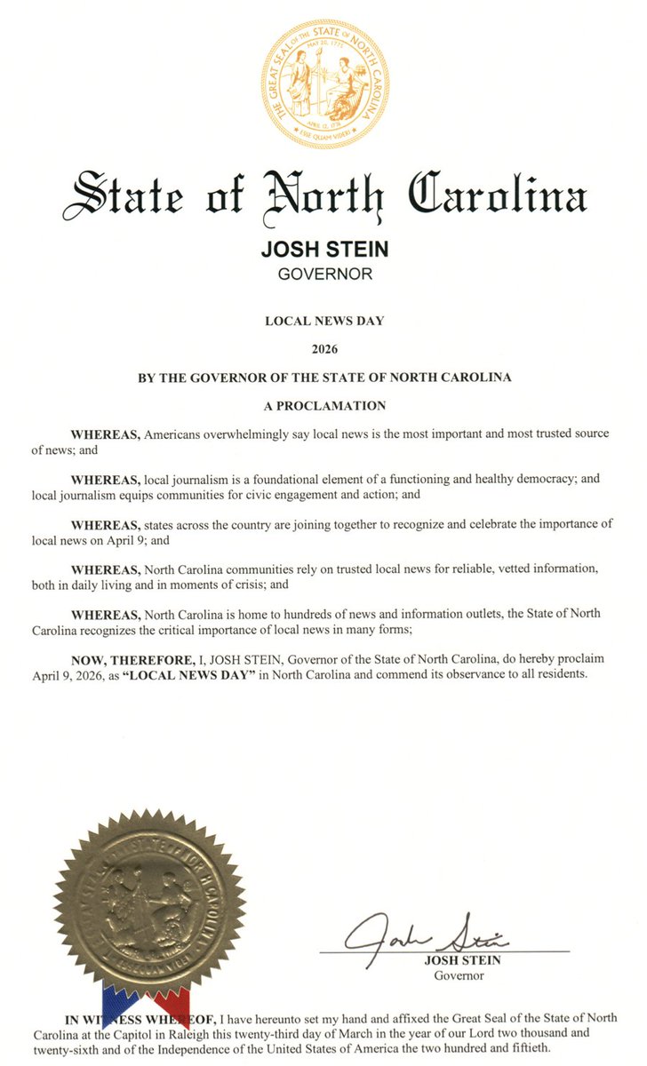 Local journalism is a foundational element of a functioning and healthy democracy, and local journalists allow communities across North Carolina to rely on accurateinformation as residents go about their days and in moments of crisis.  
 
It’s an honor to proclaim today Local