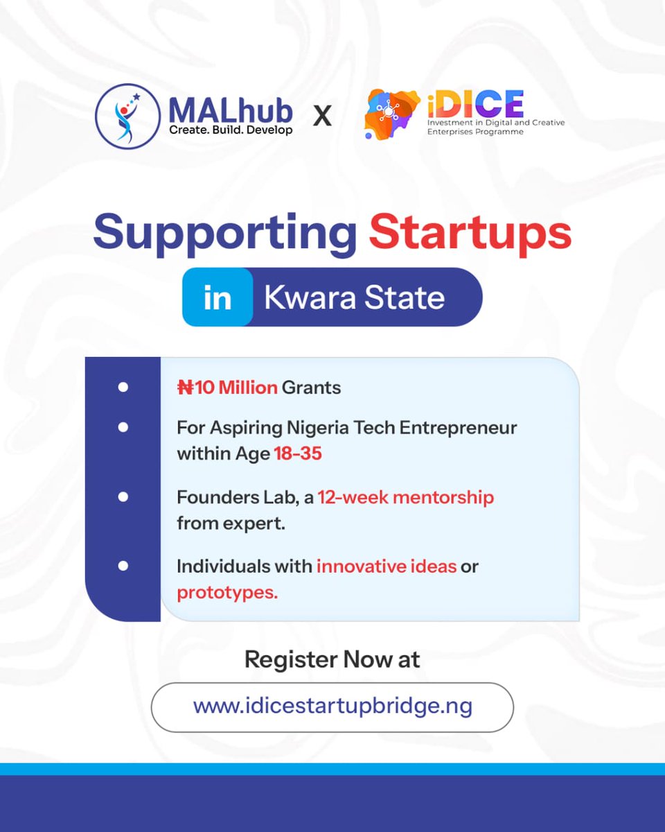 malhubng's tweet photo. MALhub is excited to serve as a Partner Hub for the @iDICEStartup (Founders Lab) in #KwaraState.

This innovative inclusive and sponsored programme targets Tech idea-stage founders between 18 to 35 years in Nigeria.

Apply here: https://t.co/6mP8DXwXH3
📅 Deadline: April 20, 2026 https://t.co/3kF3tTjuhL