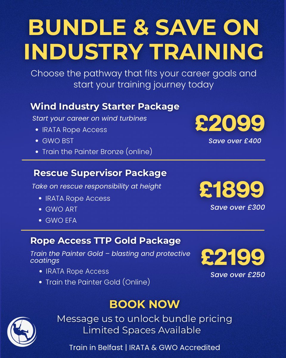 DangleAcademyNI's tweet photo. Bundle your training. Save up to £400.
🎓 IRATA &amp; GWO 🛠️ NI’s exclusive Train the Painter provider 💳 Klarna &amp; PayPal
DM or WhatsApp us to unlock bundle pricing.
#ropeaccess #gwo #windindustry https://t.co/yai9hAjN4r
