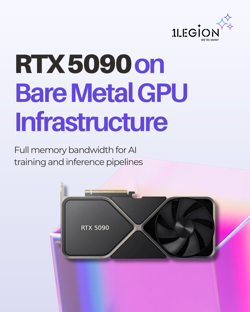 1legiontech's tweet photo. The RTX 5090 delivers 1.79TB/s memory bandwidth. Virtualisation doesn't give you all of it. Bare metal does.
Talk to our engineers: https://t.co/0lbQ8cvp0d
#baremetal #gpuinfrastructure #RTX5090 https://t.co/YzZrfJyeXo