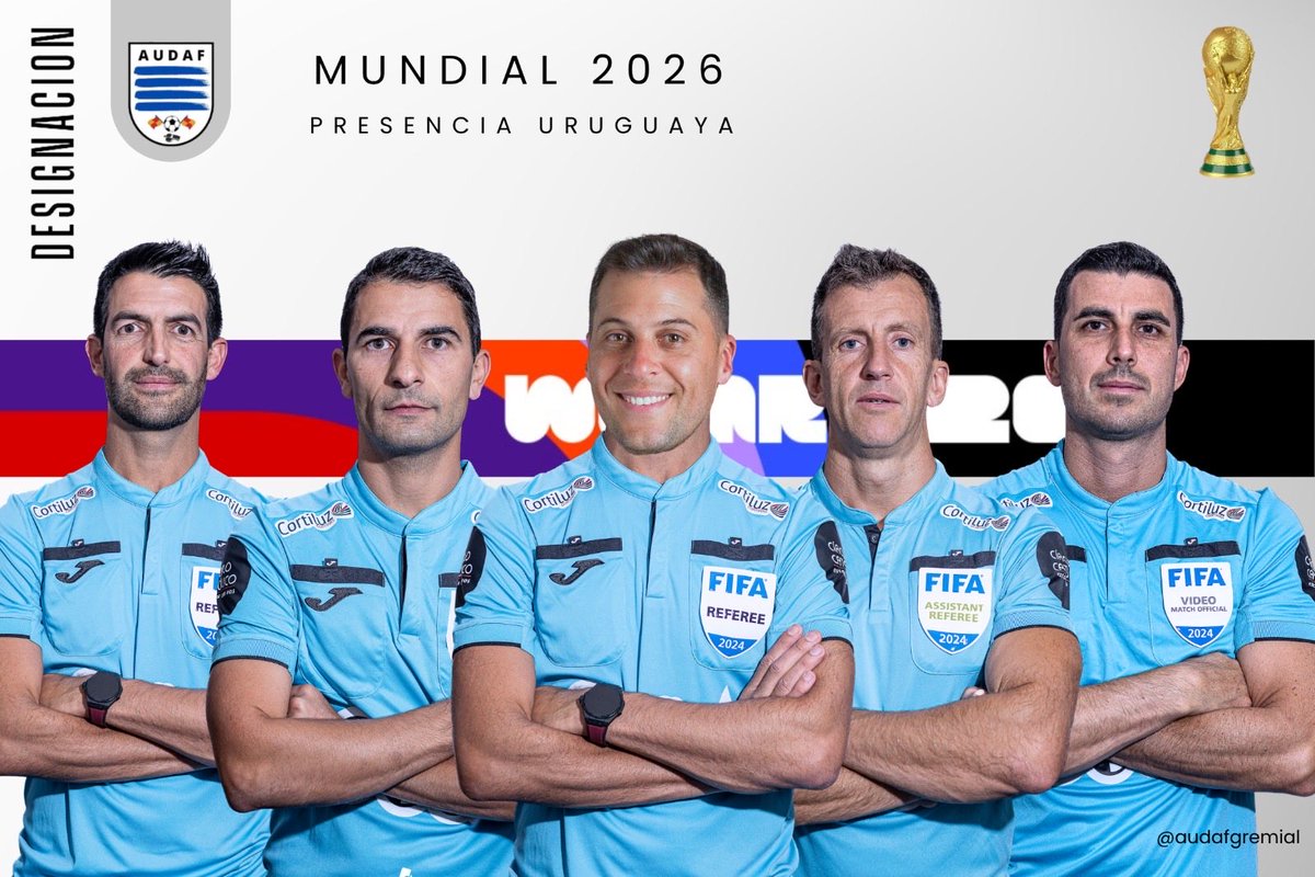 audafgremial's tweet photo. [Designación Mundial] 

Felicitamos a nuestros compañeros, quienes fueron designados por FIFA, para formar parte del plantel de árbitro en el próximo Mundial 🇲🇽 🇺🇸 🇨🇦 

Nuestros mejores deseos para Gustavo Tejera, Nicolás Tarán, Carlos Barreiro, Leodán González y Antonio García https://t.co/s2mfoX25xH