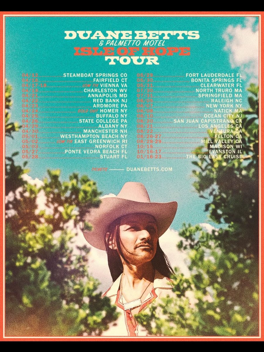 MrDuaneBetts's tweet photo. ISLE  OF  HOPE TOUR  Kicks off this Sunday in Steamboat Springs, CO. East Coast next week. Rehearsals are in full swing and we can’t wait to play the new tunes for y’all.  Get those tix at link in bio. 🌻

📸 John Bowman Nichols https://t.co/T1TBrER07W