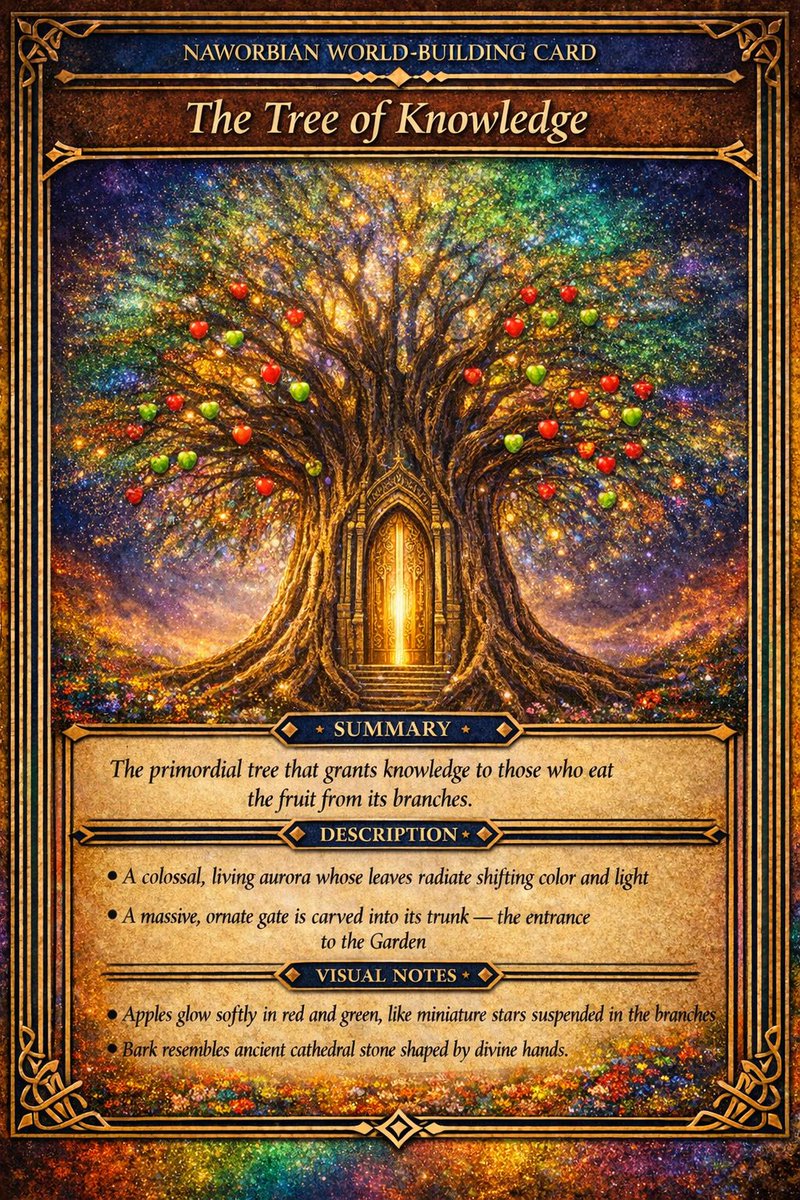 Lorenzo15061's tweet image. Card IV has arrived!

The Tree of Knowledge — a colossal aurora whose fruit glows with forbidden wisdom. The fourth entry in the Naworbian World‑Building Card series deepens the path toward the Garden. 

#NaworbianSociety #TreeOfKnowledge #Worldbuilding #Manipo #LoreDrop