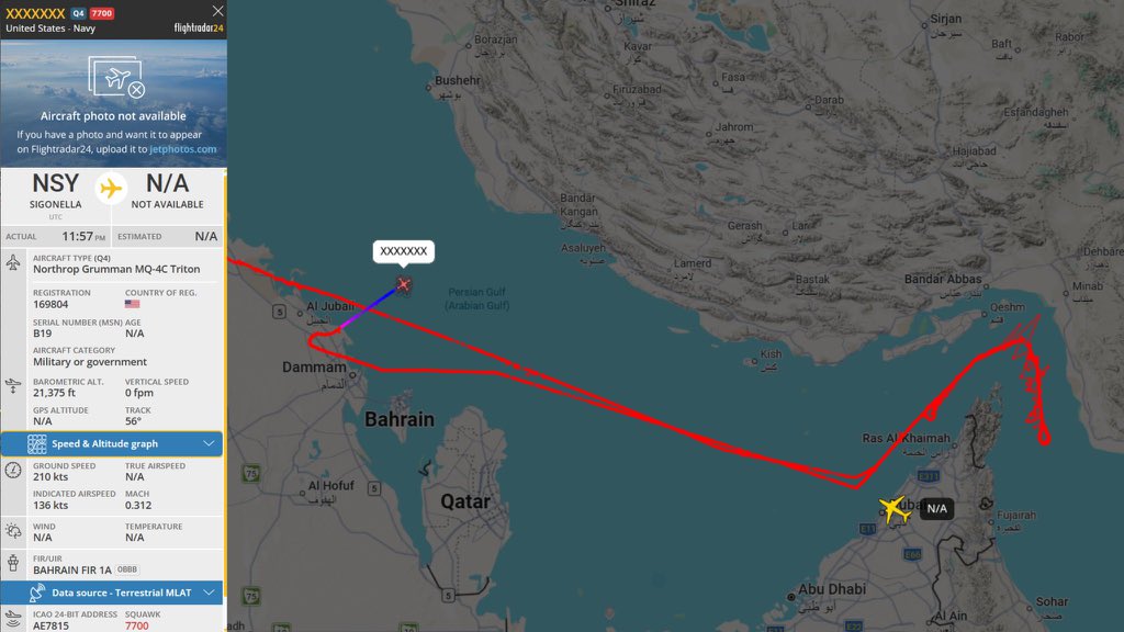 MegaGeopolitics's tweet photo. BREAKING: The US Navy MQ-4C Triton that spent the morning orbiting the Strait of Hormuz transmitted a Squawk 7700 emergency code, dropped sharply from above 50,000 feet, and fell off ADS-B tracking off the Saudi coast near Bahrain.

The aircraft turned toward Iran before the descent and has not reappeared on any tracking feed in the hour since. The Pentagon and CENTCOM have not yet commented.
