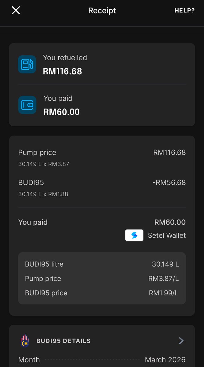 cora_slam's tweet photo. Compare my today's receipt and the one from march same station same everything! Asked the chatbot and it blamed the petrol station needing us to punch in our IC? Are you kidding me? I thought that's what you market yourself as the solution to? https://t.co/FPOPhFZzpj