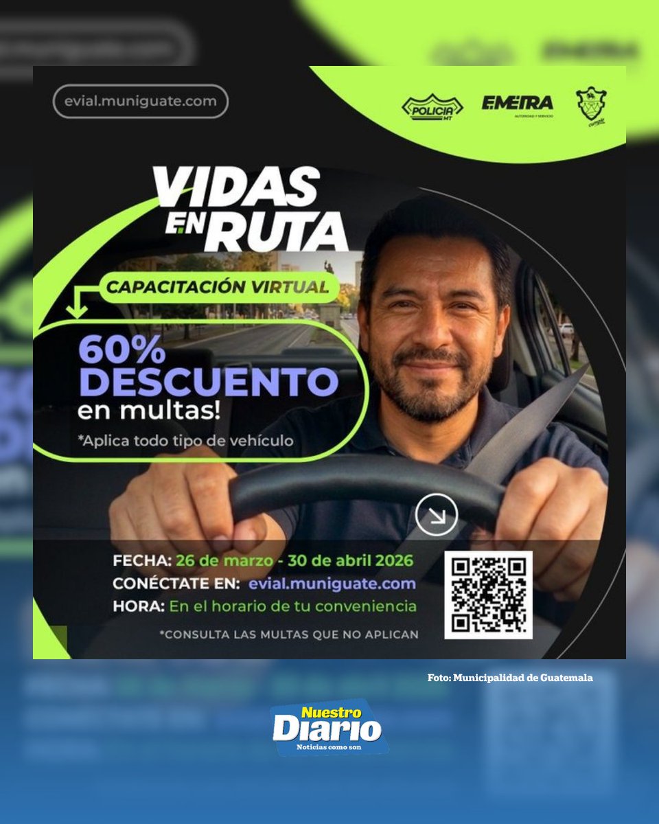 NuestroDiario's tweet photo. 💸🚗 60% DE DESCUENTO EN MULTAS 🚗💸

La Municipalidad de Guatemala ofrece un 60% de descuento en multas de tránsito a quienes participen en el curso en línea “Vidas en Ruta”, disponible para todo tipo de conductores. La capacitación estará habilitada hasta el 30 de abril y puede tomarse en el horario que mejor te convenga. Puedes acceder al curso en: https://t.co/UlB6CWosRI   

#NuestroDiario, noticias como son. 📰
#ComunidadND