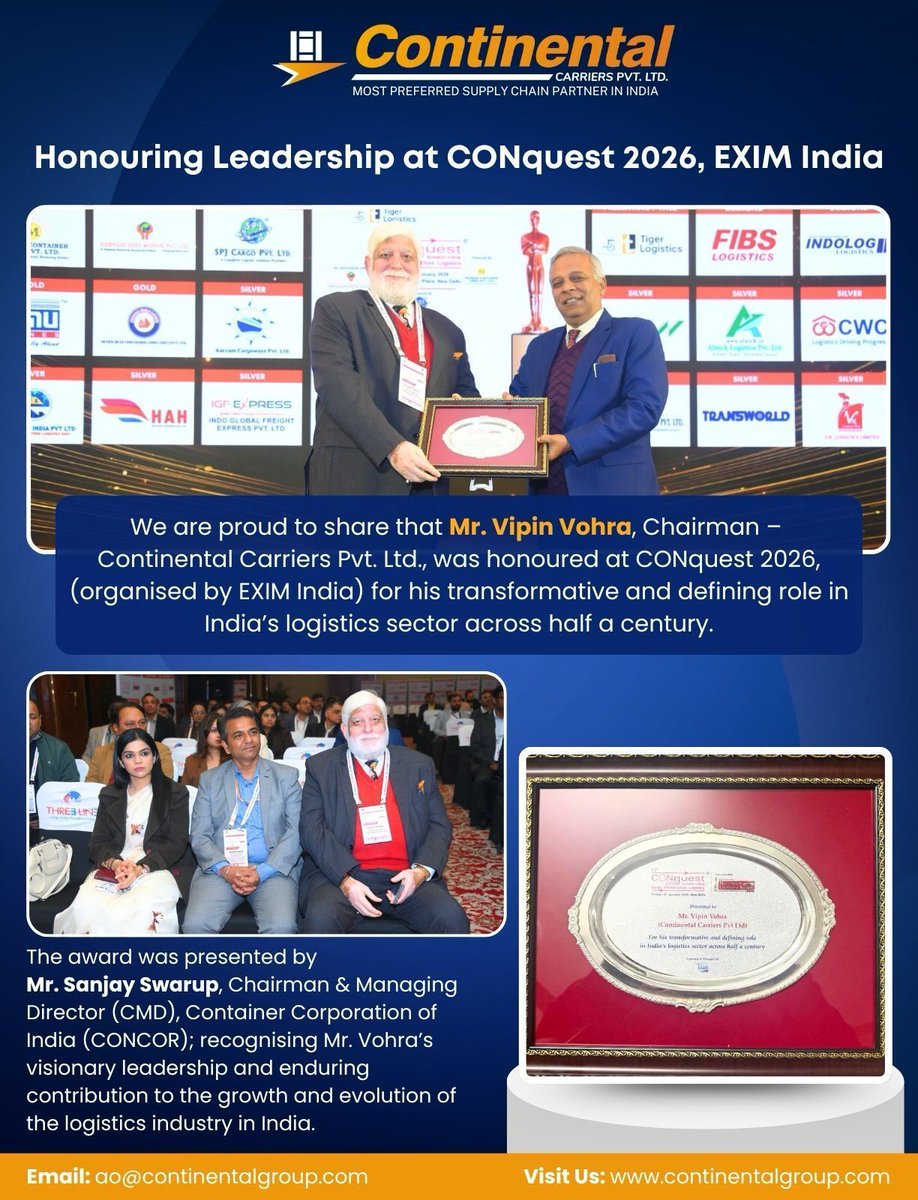 #ThrowbackThursday to ALN India’s Chairman being honoured at CONquest 2026 (organised by EXIM India) for his transformative and defining role in India’s logistics sector across half a century ⬇