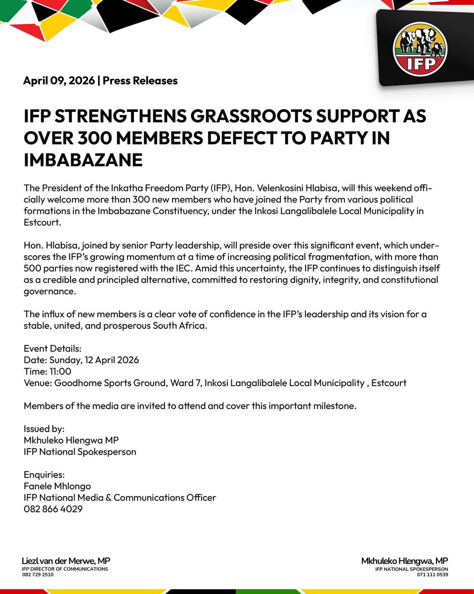vote_ifp's tweet photo. π¨MEDIA ALERT | FOR IMMEDIATE RELEASEπ¨
IFP Strengthens Grassroots Support as Over 300 Members Defect to Party in Imbabazane
#Sethembe #SisebenzelaWena #2026LGE #2026VoteIFP https://t.co/A39LXy94tG