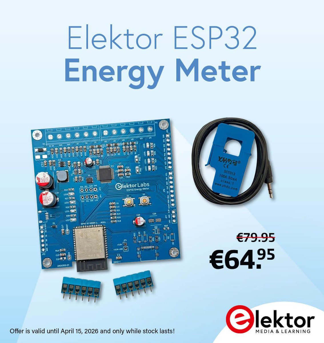 Elektor's tweet image. The Elektor ESP32 Energy Meter offers real time energy monitoring with seamless Smart Home integration.

Partly assembled SMD board
Current transformer included
Compatible with ESPHome, Home Assistant, and MQTT
Related Elektor articles available for free download

You can buy it