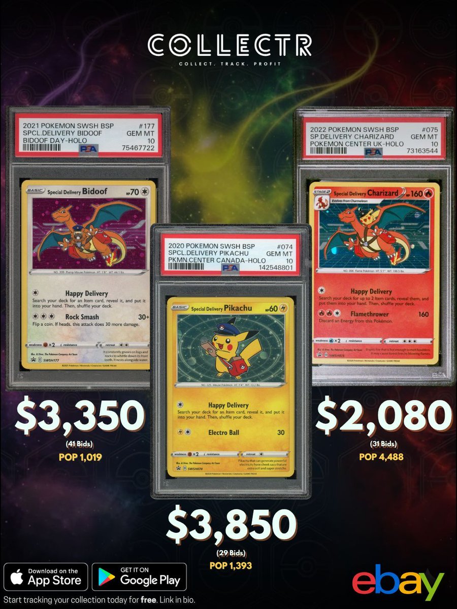 getcollectrapp's tweet image. Special Delivery cards continue to be some of the most unique promos in Pokemon. With limited distribution through Pokémon Center promotions, they’ve built a strong collector following. 

Which Special Delivery card is your favorite?

#collectr #bidoof #pikachu #charizard #tcg