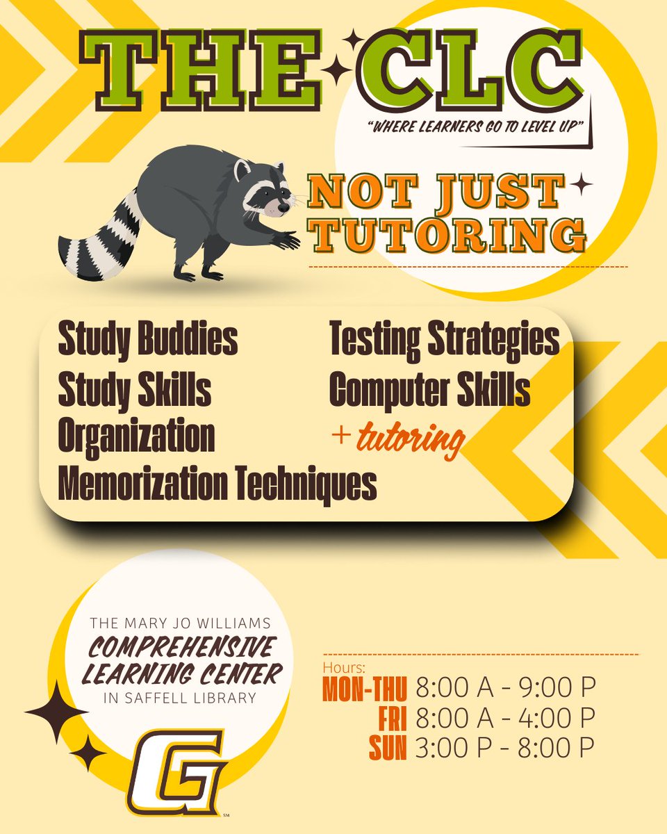 GCCCBroncbuster's tweet image. Need help with classes? 📚 Visit the Mary Jo Williams CLC in Saffell Library for tutoring, study buddies, study skills, testing strategies &amp;amp; memorization tips!

⏰ Hours:
Mon–Thurs: 8AM–9PM
Fri: 8AM–4PM
Sun: 3PM–8PM

#CLC #Tutoring #StudentSuccess