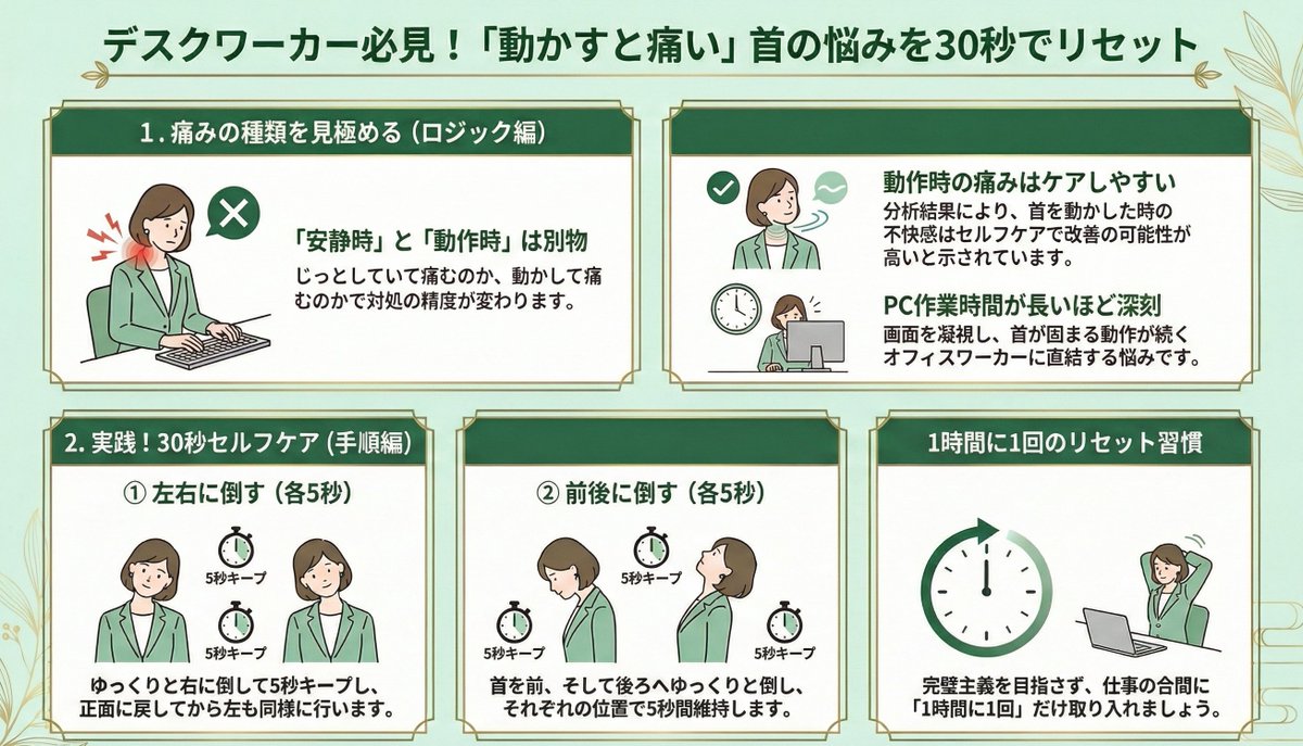 kenji30selfcare's tweet photo. 安静時の首の痛みと、
動いたときの首の痛みは、
別物として対処すべきでした。

慢性的な首の痛みを持つ人を対象にした
複数の実験結果をまとめた分析で

「じっとしているときの痛み」より
「首を動かしたときの痛み」のほうが
セルフケアで改善しやすい可能性が
示されています。

デスクワーカーにとって
本当につらいのはどちらでしょうか。

「安静にしていれば痛くない」ではなく
「PC画面を見るたびに首が固まる」
「振り返るたびに痛みが走る」
という動作時の不快感のはずです。

研究では
PC作業の時間が長いほど
症状が重くなりやすいという示唆もあり
まさにオフィスワーカーの現実に
直結する内容です。

ただし正直に言うと——

すべての症状に効くわけではなく
「動作時のつらさを補助的に和らげる」
というのが現実的な期待値です。

「安静時の痛み」と
「動いたときの痛み」を
分けて考えるだけで
対処の精度が変わります。

今日からできる「首の動き」30秒ケア↓

①ゆっくり右に首を倒す（5秒キープ）
②正面に戻す
③左に倒す（5秒キープ）
④正面に戻す
⑤前後にゆっくり各5秒

PC作業の合間に
1時間に1回だけでいい。

この投稿、
「首肩のこりを放置している」人に
届いてほしいので
保存してもらえると嬉しいです。

「1ミリでも楽になりたい」と思ったら
フォローして受け取ってください。
@kenji30selfcare

#東洋医学 #肩こり #セルフケア