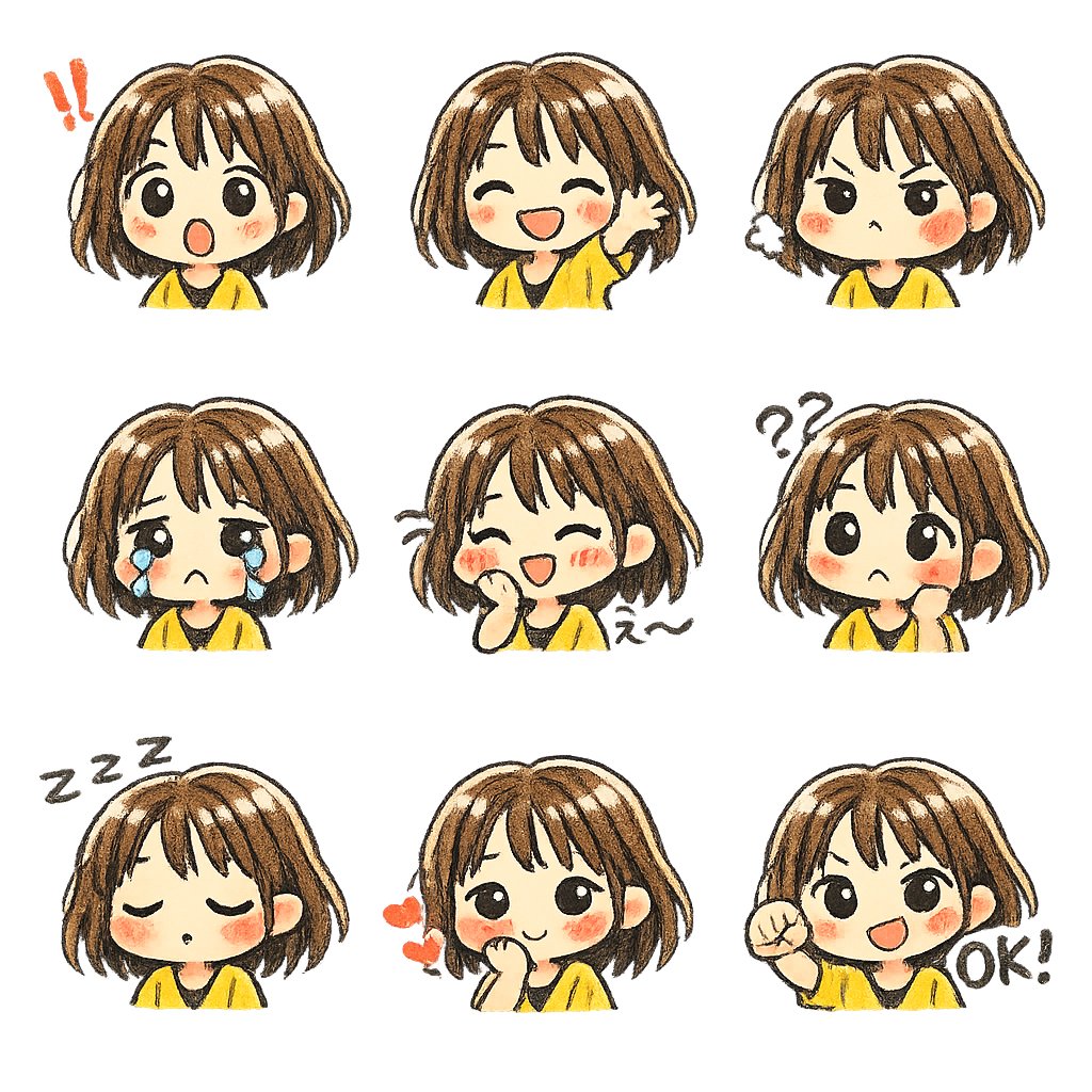 midori_tatsuta's tweet photo. ChatGPTで手書き風LINEスタンプがつくれるプロンプトをつくりました。はじめから透過済で、作風固定できるのでスタンプに最適です🙆‍♀️実写・イラストからでも作れます。プロンプトはリプ欄からどうぞ👇️ https://t.co/KwpXW5Oh2z