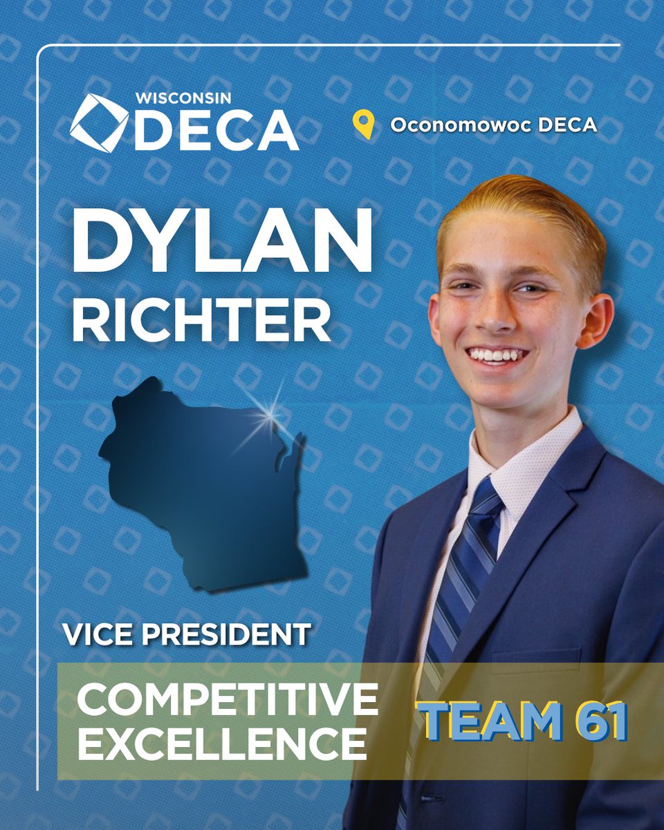 WI_DECA's tweet image. It’s time to meet your new 2026-2027 State Officer Team! First up, let us welcome Dylan Richter, your new Vice President of Competitive Excellence for Wisconsin DECA! 🔷👏

#wideca #team61 #nextbigthing 
@DECAInc
@ocondeca
