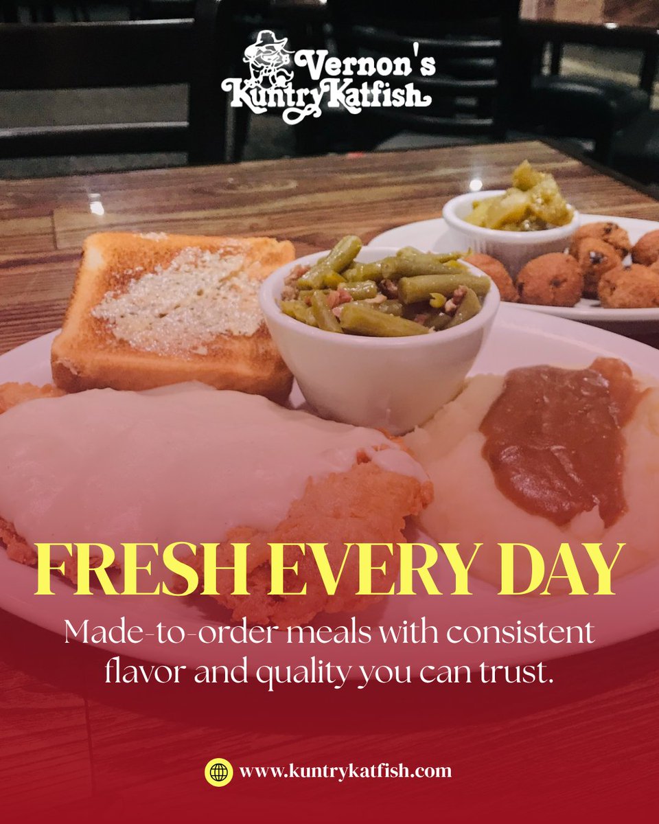 KuntryKatfish's tweet image. Fresh every day. Every single bite 🤍

At Vernon’s Kuntry Katfish, your meal is made to order with the kind of flavor and quality you can count on. 

Because good food should never be rushed… just made right.

#MadeFresh #ComfortFood #SouthernCooking #TexasEats #FoodLovers