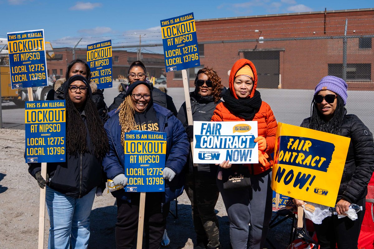 steelworkers's tweet image. In our union, we all have each other’s backs. Our siblings in Locals 7-1, 12755, and 13796 are all illegally locked out of their jobs in northern Indiana – and we’re standing behind them, just as they’re supporting each other on the picket lines. #Solidarity