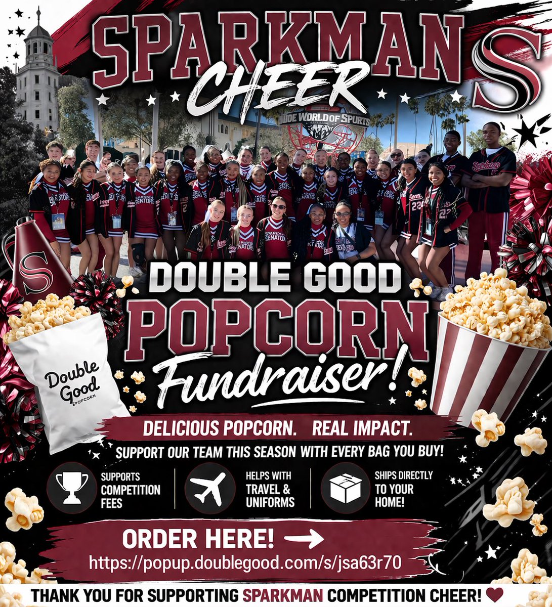 S9GS's tweet photo. 🎉 SUPPORT SPARKMAN CHEER! 🎉

🍿 Double Good Popcorn Fundraiser is LIVE! 🍿

Help our team reach our goals for the season by purchasing some DELICIOUS gourmet popcorn! Every order makes a difference 💪🏽✨

👉 Shop Here:
https://t.co/WVeOTud2EJ https://t.co/2OktpjQqDJ