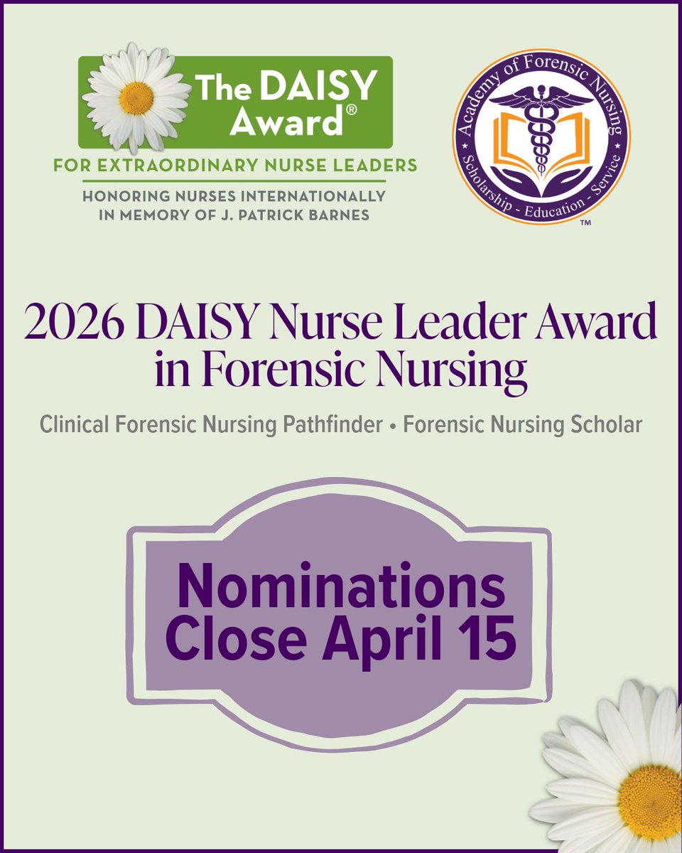 AFNNurses's tweet photo. ⏰ Nominations close April 15! Recognize a forensic nursing leader with the 2026 DAISY Nurse Leader Award in Forensic Nursing. Two categories: Clinical Forensic Nursing Pathfinder &amp; Forensic Nursing Scholar. Nominate at https://t.co/e1fHYbU5f9. #ForensicNursing #DAISYAward #AFN https://t.co/3AbmfABQyL