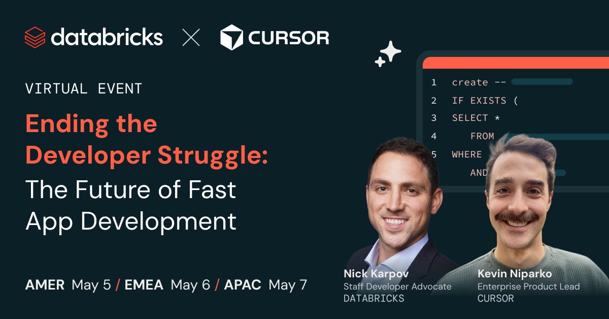 databricks's tweet image. Developers want to write code, not spend time provisioning databases.

In this webinar, experts from Databricks and @cursor_ai build and deploy a production-ready app using modern frameworks, serverless Postgres, and built-in governance.

You’ll see how to build from scratch,