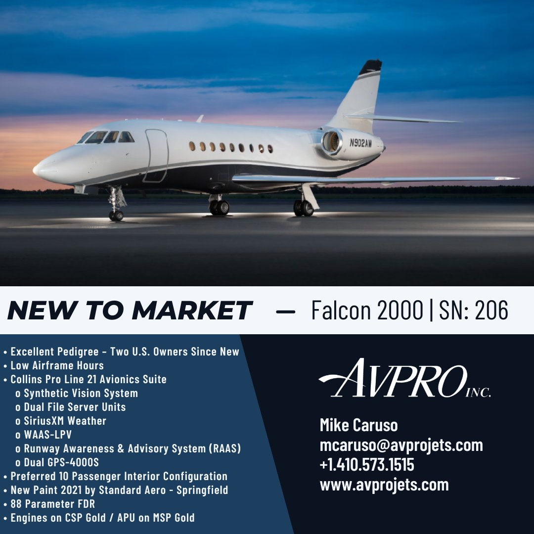 AvproJets's tweet image. New to Market!

Falcon 2000 | SN: 206

Contact Mike Caruso For Complete Details Or To Make Arrangements To View This Exceptional Aircraft.

Email: mcaruso@avprojets.com

avprojets.com

#Avpro #Avprojets #dassault #privateaviation #NBAA #IADA