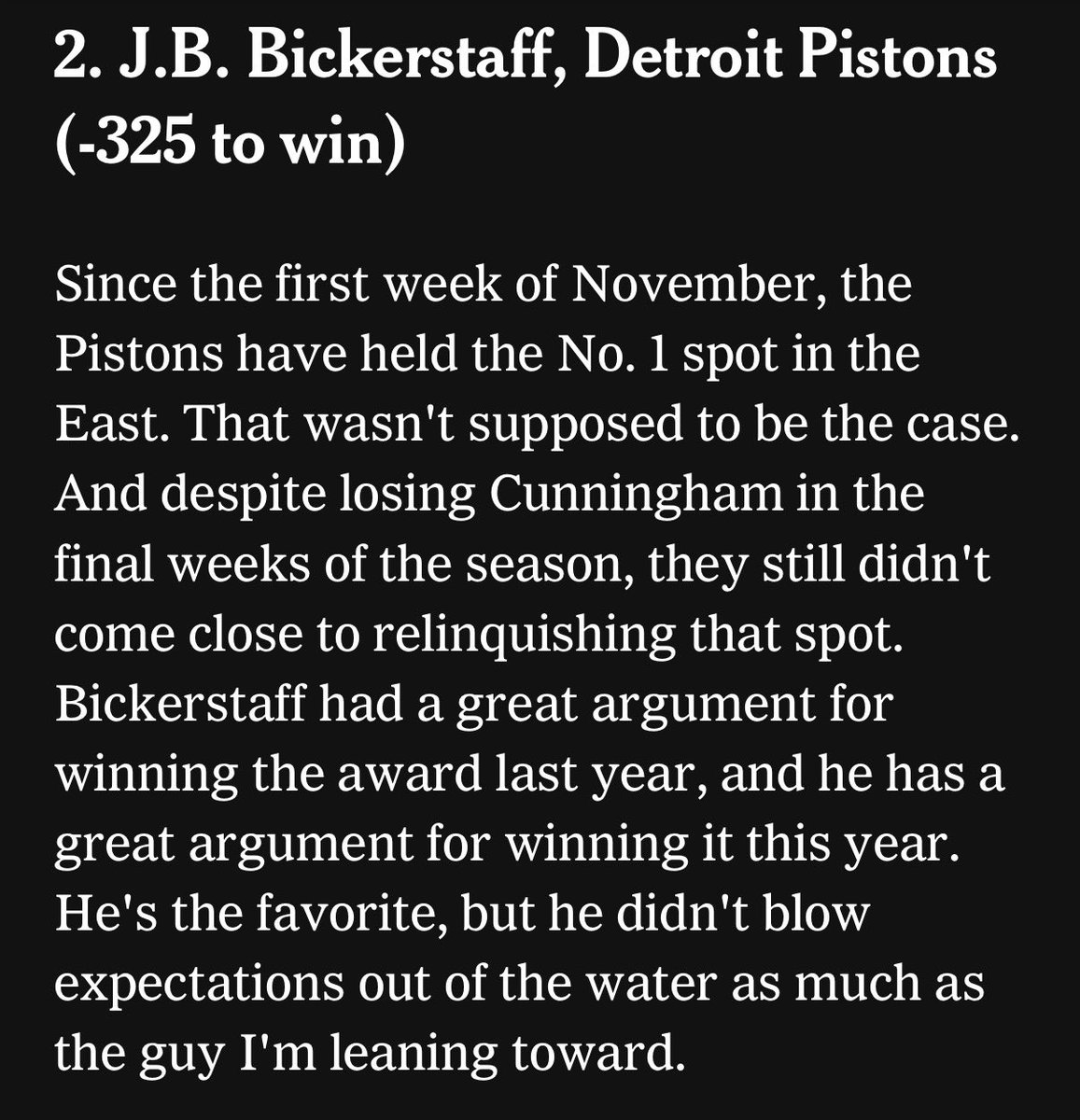 The narrative that the Pistons weren't THAT surprising this season is such recency bias BS. Even if you thought they'd be a dark horse and would improve, NOBODY thought they'd win 14-16 more games than last year and be the top team in the East.