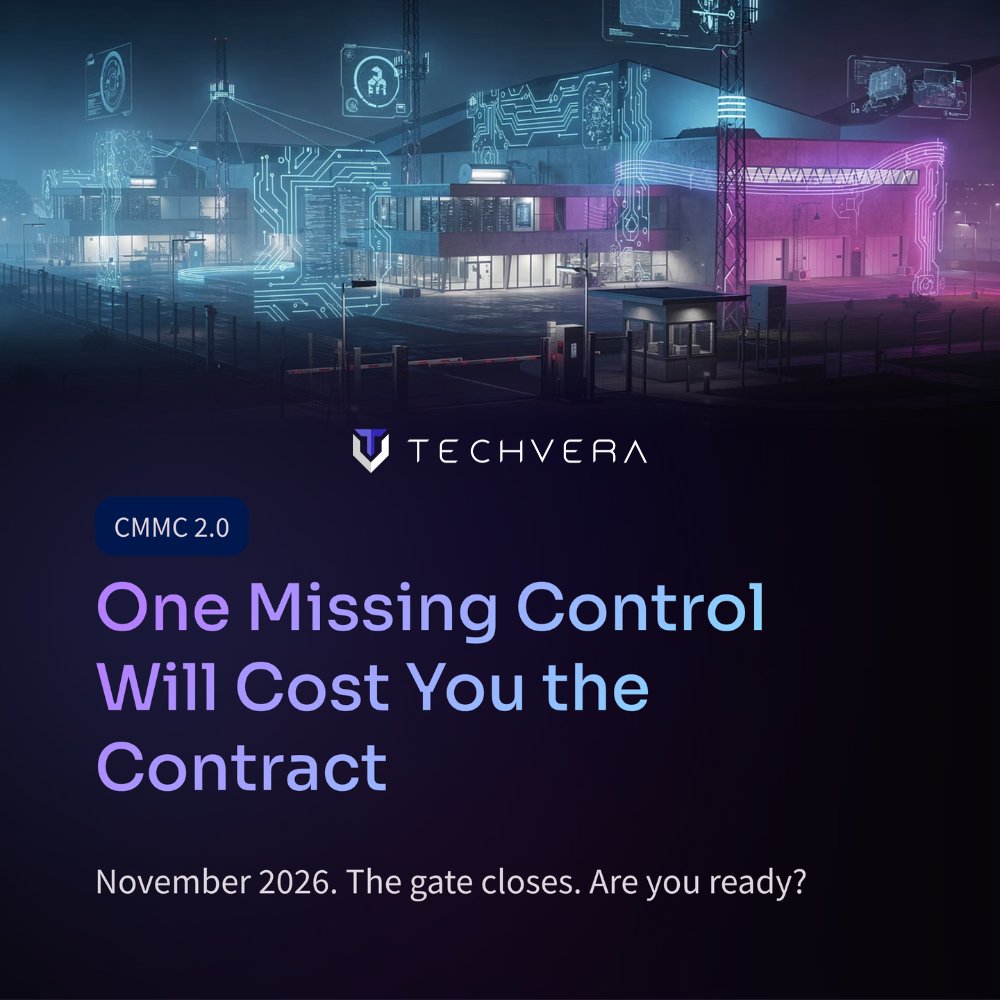 techveraIT's tweet image. By November 2026, CMMC compliance will no longer be optional. A single missing security control will disqualify your business from DoD contracts. At Techvera, we help you navigate the 110 controls of Level 2 CMMC: bit.ly/3O4cnNH

#CMMC #GovCon #Cybersecurity #DoD