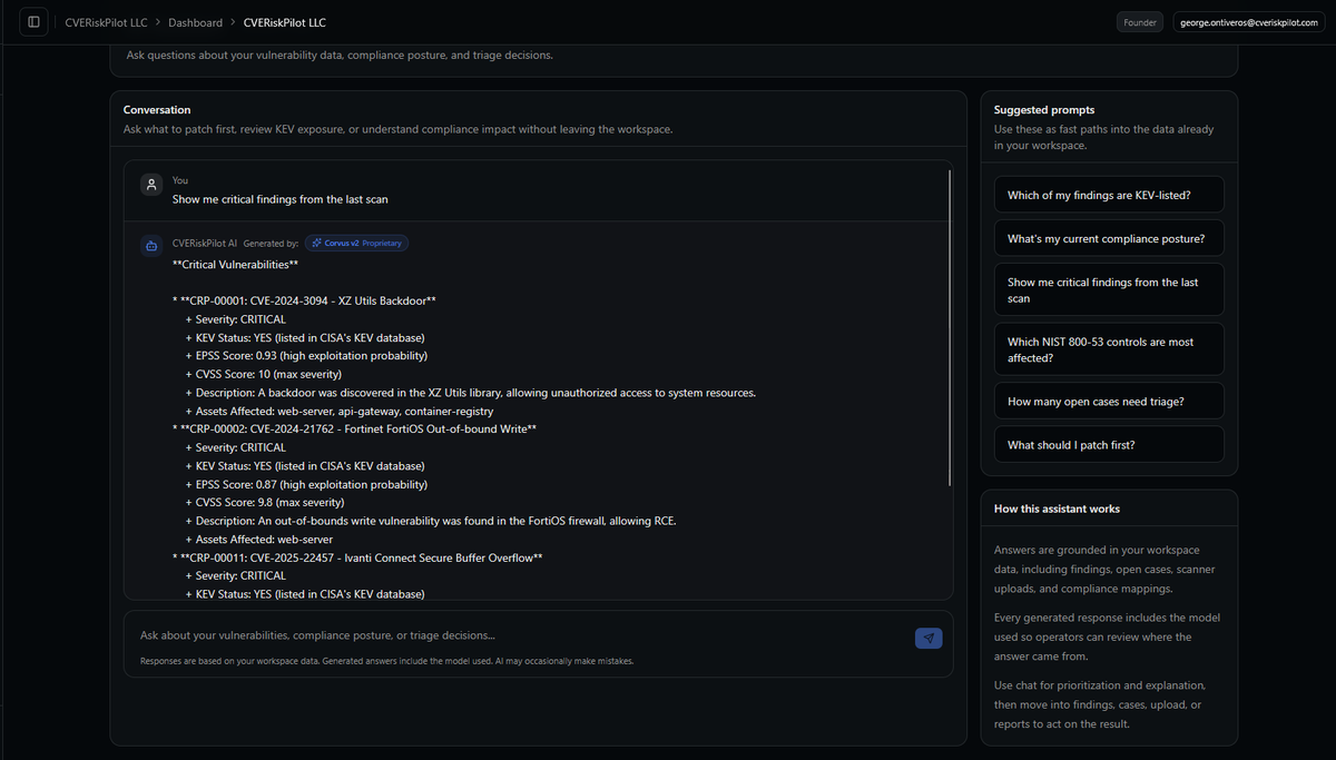 cveriskpilot's tweet photo. Corvus v2 is now answering inside the product.

Not a demo.
Not a mocked response.
Actual grounded answers against workspace vulnerability data.

Ask:
“show me critical findings from the last scan”

Get back:
- real CVEs
- KEV status
- EPSS
- CVSS
- affected assets
- all inside the workflow

This is the part I care about most:
turning scanner noise into decisions.
Built at CVERiskPilot.

#CyberSecurity #AI #VulnerabilityManagement #SecurityOperations #DefensiveAI #NVIDIAInception