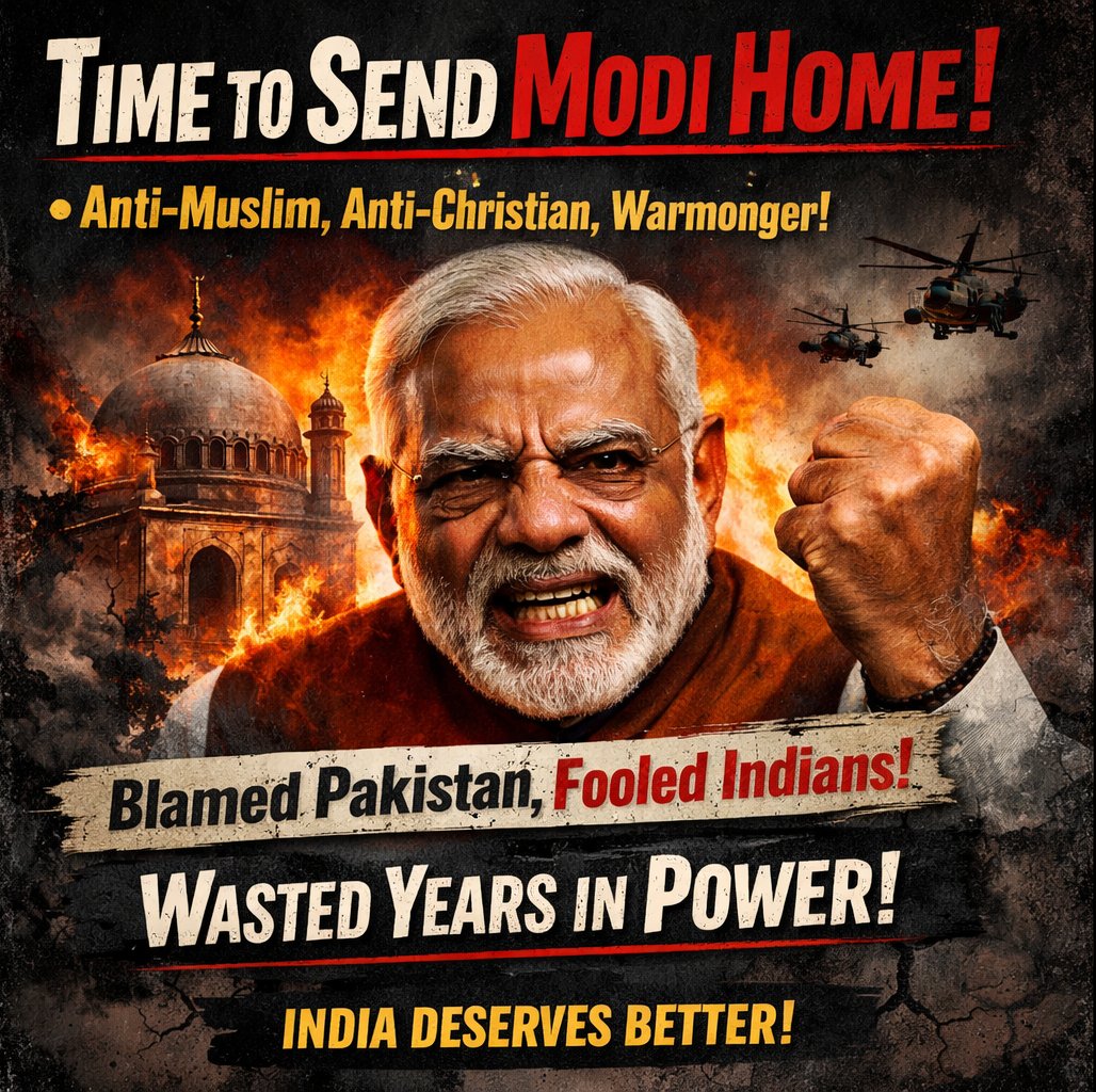janajani787's tweet photo. Modi is anti Muslim, Anti Christian, and a war monger. India should send him home. He wasted his time in the office in blaming Pakistan always. Made Indians fools for his own petty gains...
#India #Ceasefire https://t.co/aqgf2e1MSh