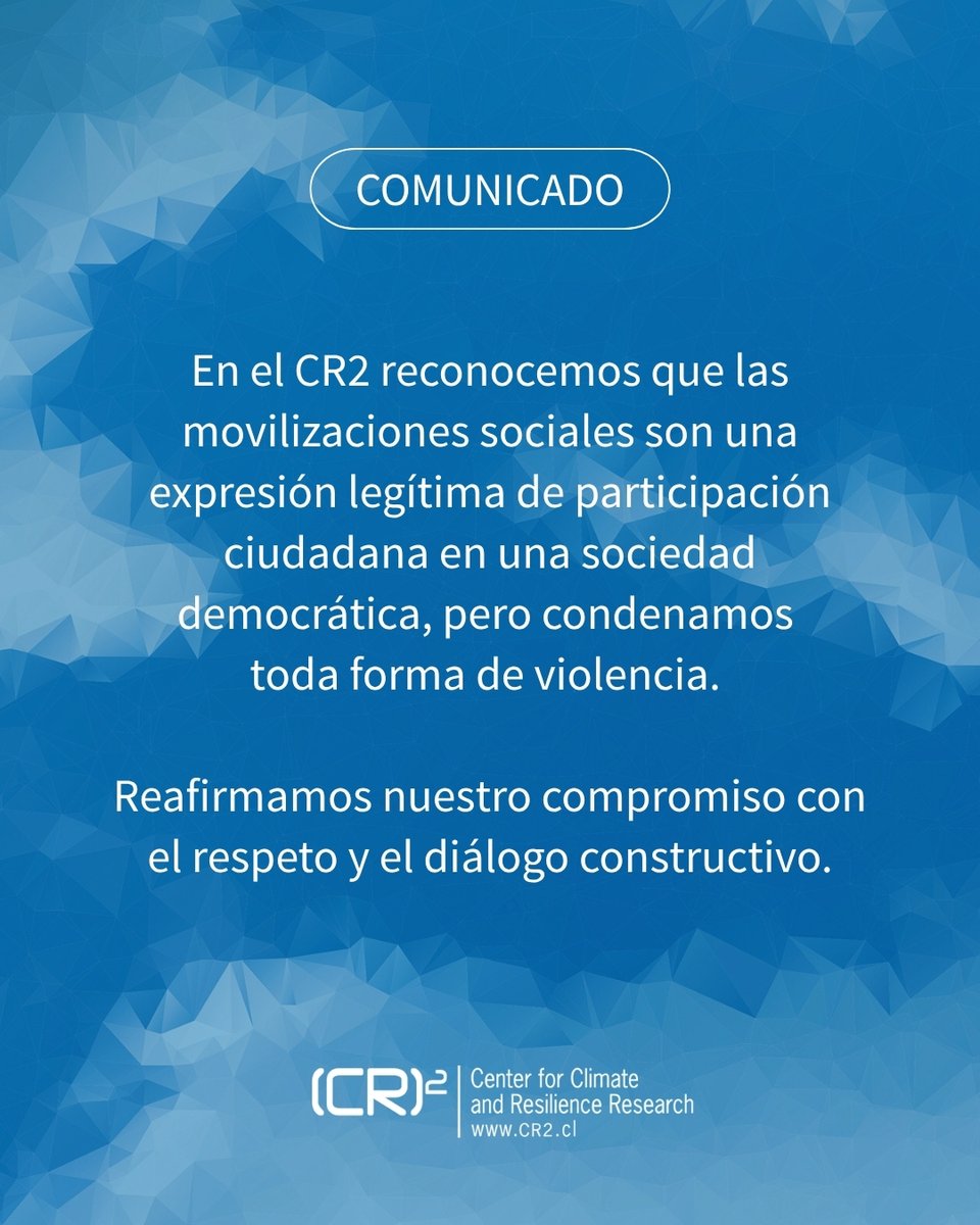 CR2_uchile's tweet photo. En el CR2 reconocemos que las movilizaciones sociales son una expresión legítima de participación ciudadana en una sociedad democrática, pero condenamos toda forma de violencia. Reafirmamos nuestro compromiso con el respeto y el diálogo constructivo. https://t.co/xxFzU8dAuy