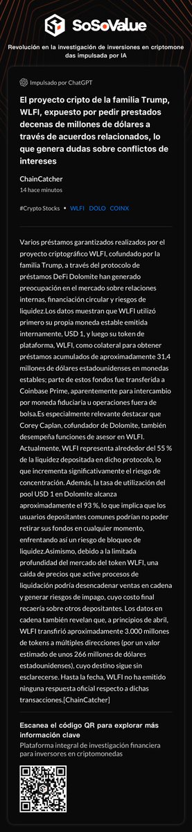 El proyecto cripto de la familia Trump, WLFI, expuesto por pedir prestados decenas de millones de dólares a través de acuerdos relacionados, lo que genera dudas sobre conflictos de intereses
Ver original:
 sosovalue.com/shares/gvjjYA
⁦<a href="/SoSoValueCrypto/">SoSoValue</a>⁩