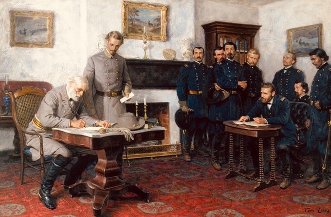 TammiMinoski's tweet image. #OTD 1865: General Robert E. Lee surrendered to Ulysses S. Grant at the McLean House in #Appomattox Court House, Virginia. CSA officers &amp;amp; men were paroled, &amp;amp; they were allowed to keep their horses &amp;amp; sidearms. archives.gov/milestone-docu… #CivilWar
