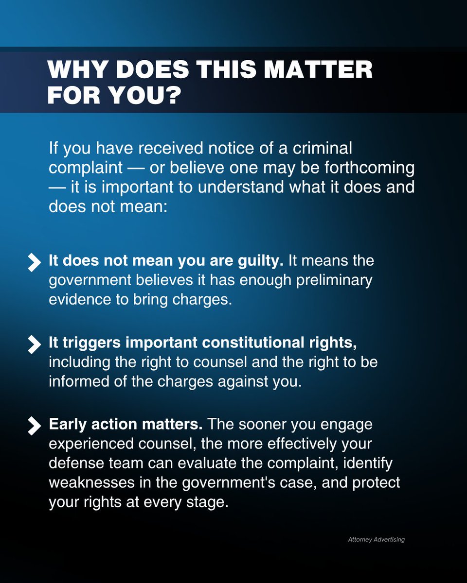 ParlatoreLaw's tweet image. Received a criminal complaint? 🚨 It’s not a finding of guilt—but it does start the case and trigger key rights.
👉 Swipe to learn more.

At Parlatore Law Group, we defend high-stakes criminal matters from the outset. Contact us today. ➡ parlatorelawgroup.com/get-started/ #CriminalDefense